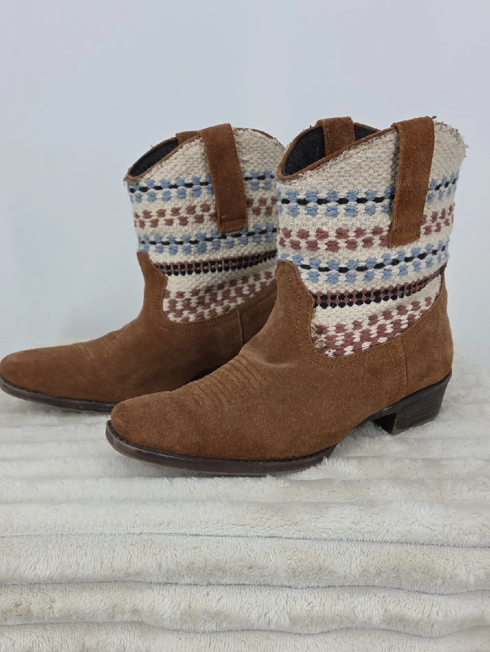 Roper Brown Suede Ankle Boots with Woven Multi-Color Shaft